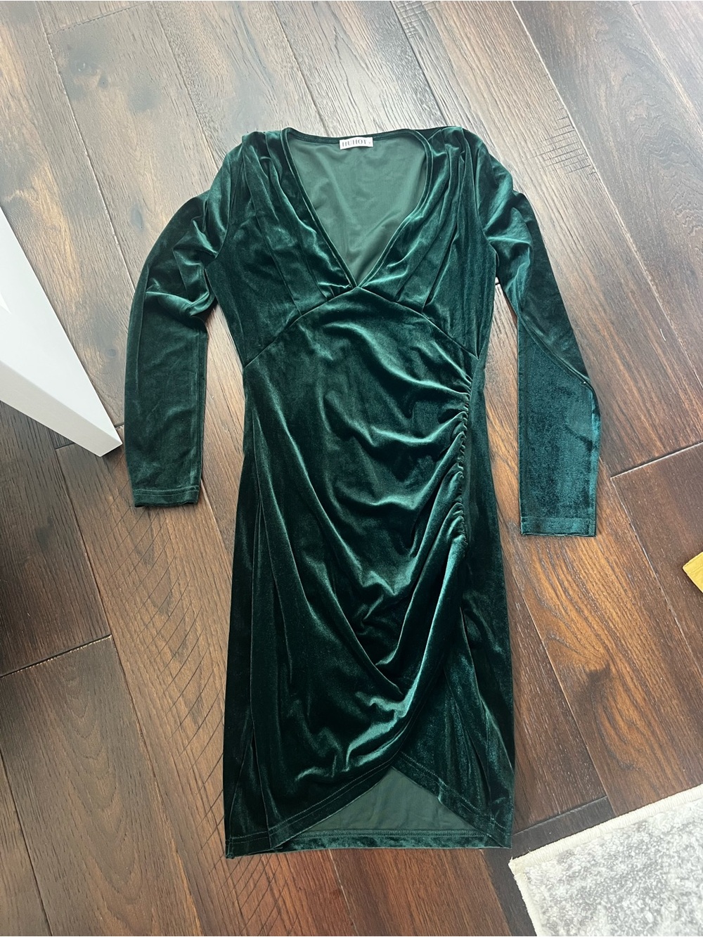 Velvet Wrap-Style Long Sleeve Dress in emerald